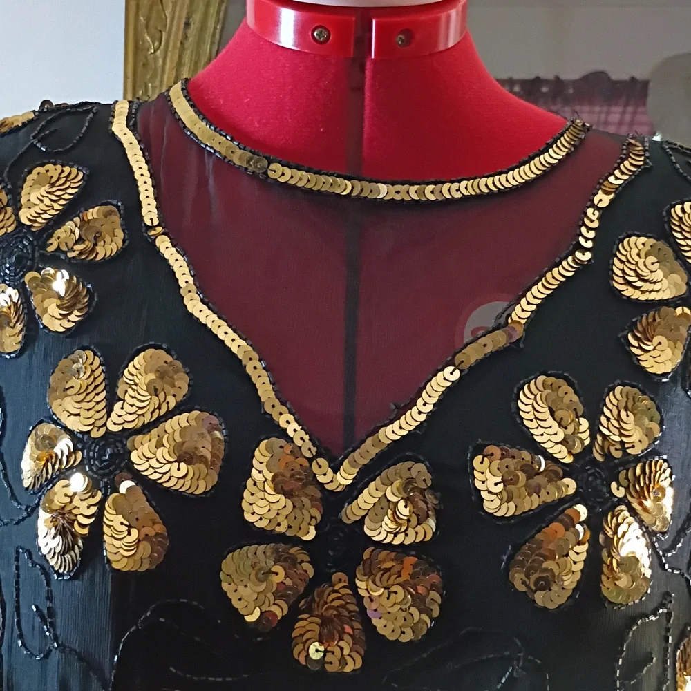 Lawrence Kozar NY Vintage Black and Gold Floral Sequin Top - Picture 3 of 6